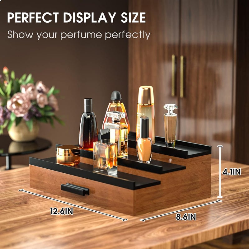 Sephyroth Cologne Organizer for Men 3 Tier of Elevated Cologne Display Shelf with Drawer Storage Perfume Organization and Storage Display Risers,Great Gift for Man(Walnut Black) - Image 4